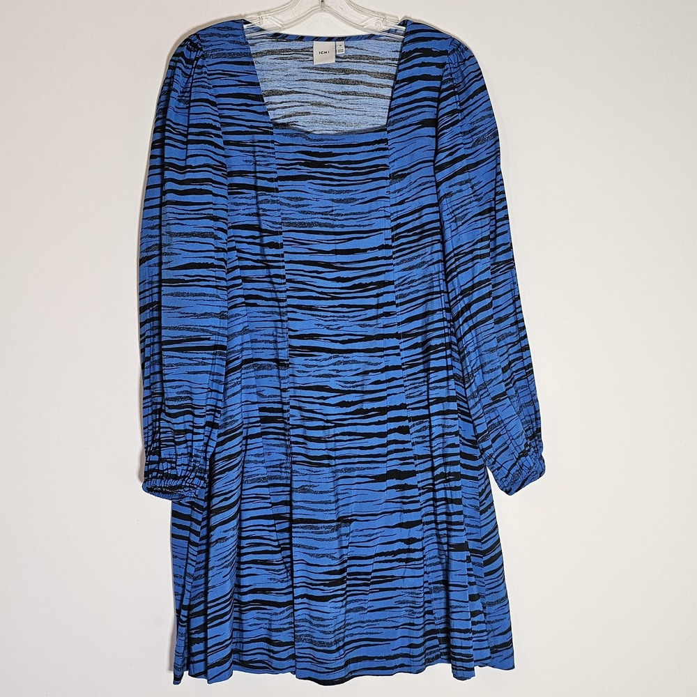 ICHI Dress Womens 38 Blue Black Zebra Stripe Long Sleeve Square Neck Tiered Boho